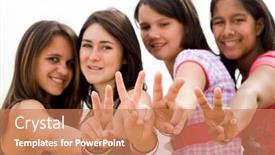  Presentation with teen girls - Beautiful presentation design featuring teen girls giving victory sign backdrop and a coral colored foreground