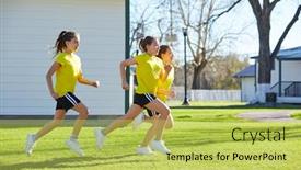  Presentation with girls running - Slide set consisting of teen girls group running workout at park outdoor background and a yellow colored foreground