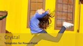  Presentation with teen girls - Audience pleasing PPT theme consisting of teen girls in the park junping and having fun outdoors in sunny day backdrop and a gold colored foreground