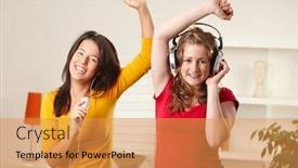  Presentation with teen girls - Colorful PPT theme enhanced with teen-girls-listening-to-music backdrop and a gold colored foreground