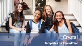  Presentation with teen girls - PPT theme having teen girls on front steps background and a ocean colored foreground