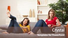  Presentation with teen girls - Amazing PPT layouts having teen girls relaxing on sofa at home listening to music backdrop and a violet colored foreground