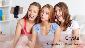  Presentation with teen girls - Slide set enhanced with teen girls with smartphone taking background and a coral colored foreground