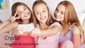  Presentation with teen girls - Cool new PPT theme with teen girls with smartphone taking backdrop and a coral colored foreground