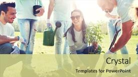  Presentation with tree planting - Colorful presentation design enhanced with teen plant - volunteering charity people and ecology backdrop and a blonde colored foreground