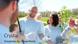  Presentation with people talking - Presentation design consisting of teen plant - volunteering charity people and ecology background and a light blue colored foreground