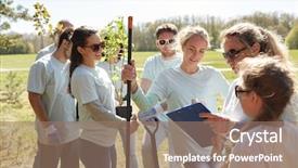  Presentation with plant ecology - Audience pleasing PPT theme consisting of teen plant - volunteering charity people and ecology backdrop and a coral colored foreground