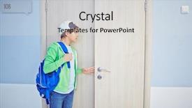  Presentation with teen - Presentation theme featuring teen schoolboy opening classroom door background and a light gray colored foreground