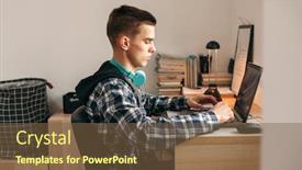  Presentation with computer room - Slide set enhanced with teenage-boy-doing-homework-using background and a tawny brown colored foreground
