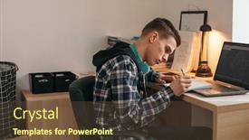  Presentation with online library - Beautiful slide deck featuring teenage-boy-doing-homework-using backdrop and a tawny brown colored foreground