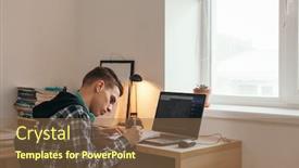  Presentation with online library - PPT theme with teenage-boy-doing-homework-using background and a tawny brown colored foreground