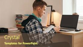  Presentation with online library - PPT theme consisting of teenage-boy-doing-homework-using background and a tawny brown colored foreground