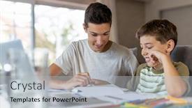  Presentation with helping - Presentation theme having teenage-boy-helping-his-younger background and a light gray colored foreground