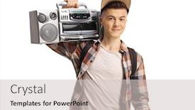  Presentation with radio - Beautiful PPT theme featuring teenage boy holding a boombox radio isolated on white background backdrop and a light gray colored foreground
