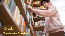  Presentation with college orientation empty classic book - Beautiful presentation featuring teenage-boy-in-casualwear-taking backdrop and a tawny brown colored foreground