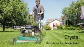  Presentation with teenage - Amazing PPT theme having teenage boy mowing lawn backdrop and a yellow colored foreground
