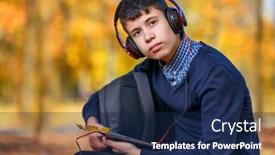  Presentation with yellow music - Presentation theme having teenage-boy-sits-in-autumn background and a navy blue colored foreground
