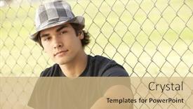  Presentation with playground - PPT layouts with teenage boy sitting in playground wearing hat background and a coral colored foreground