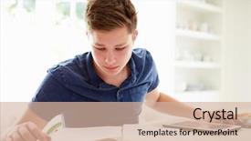  Presentation with using digital tablet - PPT theme with teenage boy studying using digital background and a soft green colored foreground