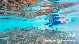  Presentation with coral - Amazing theme having teenage boy swimming underwater in shallow turquoise water at coral reef backdrop and a teal colored foreground