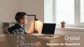  Presentation with online library - Beautiful slides featuring teenage-boy-thinking-and-looking backdrop and a coral colored foreground
