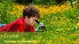  Presentation with microscope - Audience pleasing PPT theme consisting of teenage-boy-using-microscope-outdoor backdrop and a tawny brown colored foreground