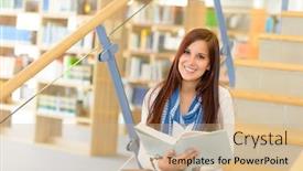  Presentation with book stairs - Cool new presentation theme with teenage brunette student on high school library stairs reading book backdrop and a coral colored foreground