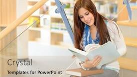  Presentation with book stairs - PPT layouts with teenage brunette student on high school library stairs reading book background and a soft green colored foreground