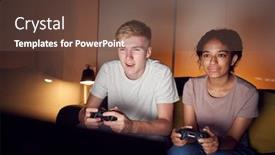  Presentation with teenage - Colorful PPT layouts enhanced with teenage-couple-sitting-on-sofa backdrop and a tawny brown colored foreground