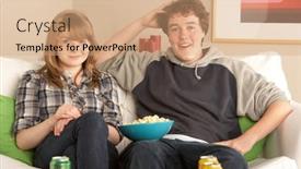  Presentation with teenage - Beautiful PPT theme featuring teenage-couple-sitting-on-sofa backdrop and a coral colored foreground