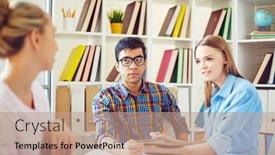  Presentation with college - PPT layouts having teenage friends listening to their groupmate during teamwork in college background and a coral colored foreground