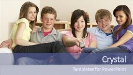  Presentation with television watching - Audience pleasing presentation theme consisting of teenage friends watching television at home backdrop and a ocean colored foreground