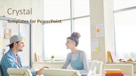  Presentation with new ideas - Colorful PPT theme enhanced with teenage girl and guy in casualwear sitting by desk in classroom brainstorming and discussing new ideas backdrop and a sky blue colored foreground