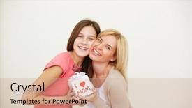  Presentation with isolation - Beautiful PPT theme featuring teenage girl and her mom with small present looking at camera in isolation backdrop and a coral colored foreground