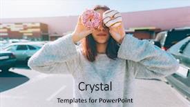 Presentation with street food - Amazing PPT theme having teenage girl eating donut outside backdrop and a light gray colored foreground