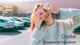  Presentation with street food - Slide set consisting of teenage girl eating donut outside background and a light gray colored foreground