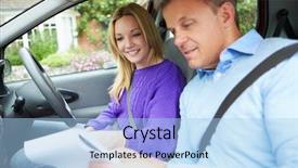  Presentation with safety driving - Presentation design featuring teenage girl having driving lesson background and a light blue colored foreground