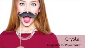  Presentation with girl teens - Beautiful presentation theme featuring teenage girl holding funny mustache backdrop and a crimson colored foreground