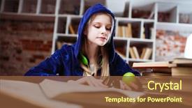 Presentation with teenage girl - Amazing PPT theme having teenage girl in a library backdrop and a tawny brown colored foreground