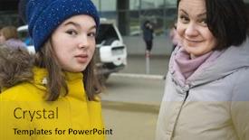  Presentation with people street - Beautiful theme featuring teenage girl in a warm yellow jacket and her mother in the street real people backdrop and a gold colored foreground