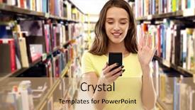  Presentation with technology education - PPT theme with teenage girl in blank yellow background and a coral colored foreground