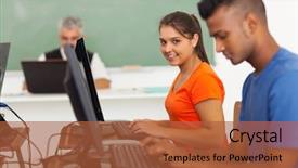  Presentation with high school - Slides enhanced with teenage girl in computer class background and a  colored foreground