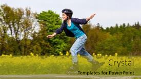  Presentation with teenage girl - Amazing PPT theme having teenage-girl-rollerblading-against-blue backdrop and a gold colored foreground
