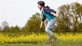  Presentation with teenage girl - Amazing PPT theme having teenage-girl-rollerblading-against-blue backdrop and a gold colored foreground