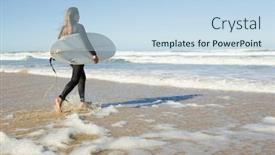  Presentation with girl running on the beach clouds - Amazing presentation theme having teenage girl running on the beach with her surfboard backdrop and a sky blue colored foreground