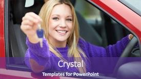  Presentation with teen driving - Beautiful PPT theme featuring teenage girl standing next backdrop and a violet colored foreground
