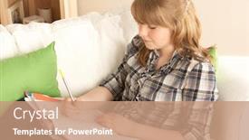  Presentation with teenage girl - PPT theme having teenage-girl-studying-at-home background and a coral colored foreground