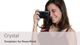  Presentation with photograph - Audience pleasing slide deck consisting of teenage girl taking a photograph with a modern digital camera and similing - isolated on white backdrop and a light gray colored foreground