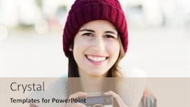  Presentation with teenage girl - Cool new presentation theme with teenage-girl-using-vintage-camera backdrop and a coral colored foreground