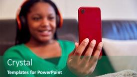  Presentation with teenage girl - Presentation theme having teenage-girl-wearing-wireless-headphones background and a ocean colored foreground